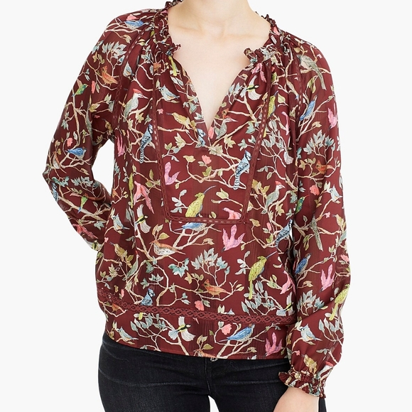 NWT J. Crew Brown Menagerie Bird Print Ruffle Neck Popover Blouse S - Picture 1 of 14